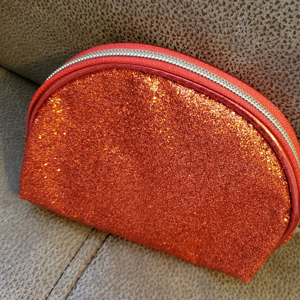 SeneGence red glitter makeup bag with foundation samples